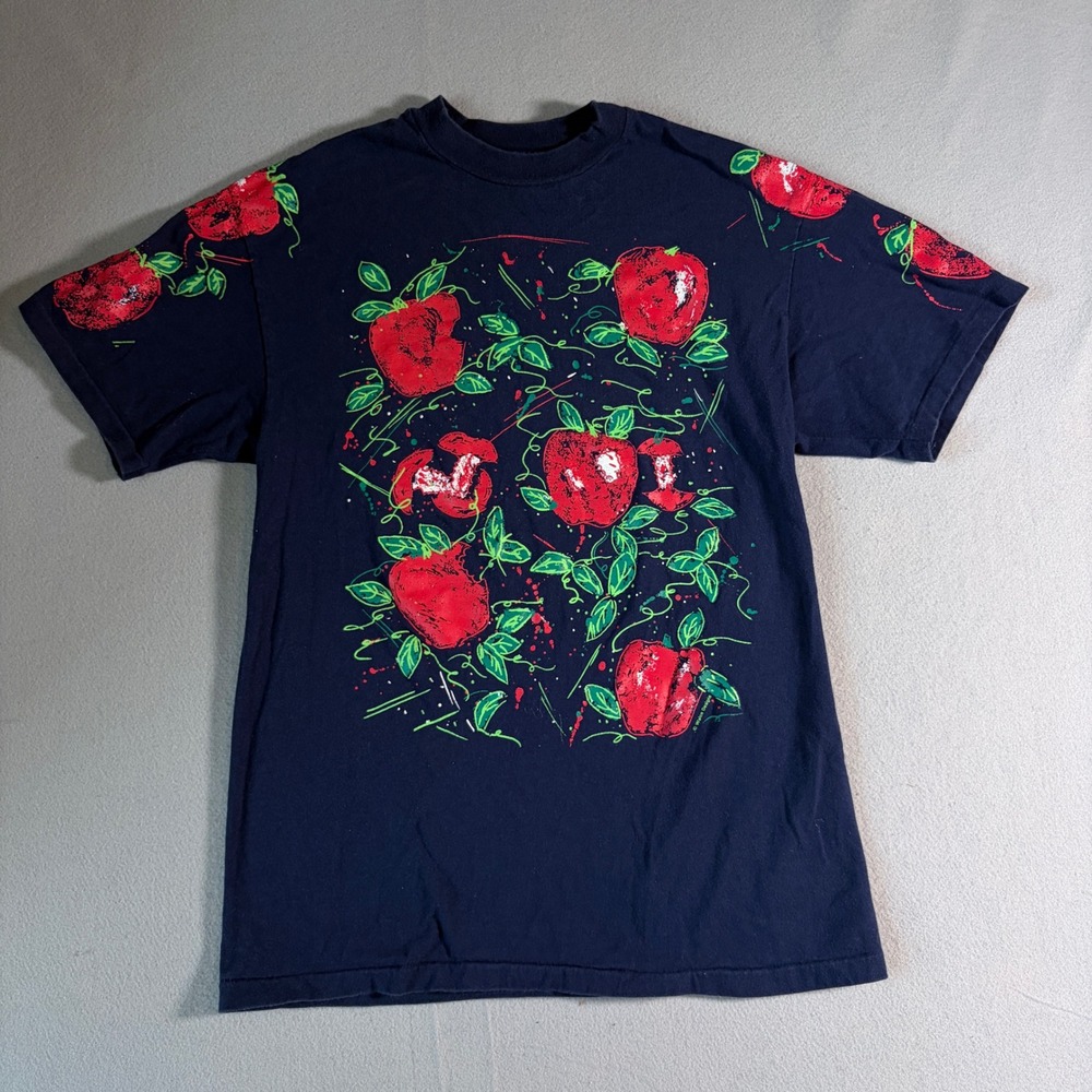 Vintage 90s Hanes Beefy-T Apple Graphic T-Shirt Navy Blue Made in USA Medium